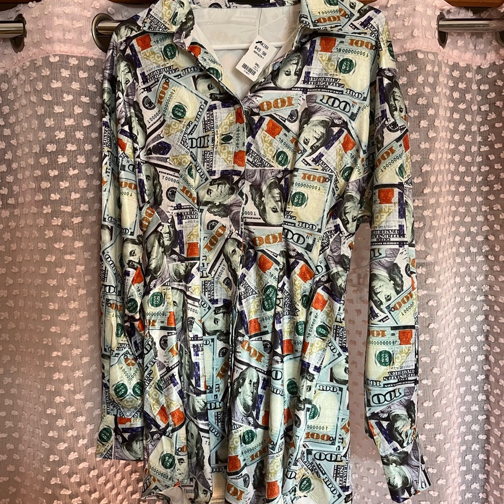 Money Print Long Sleeve Dress